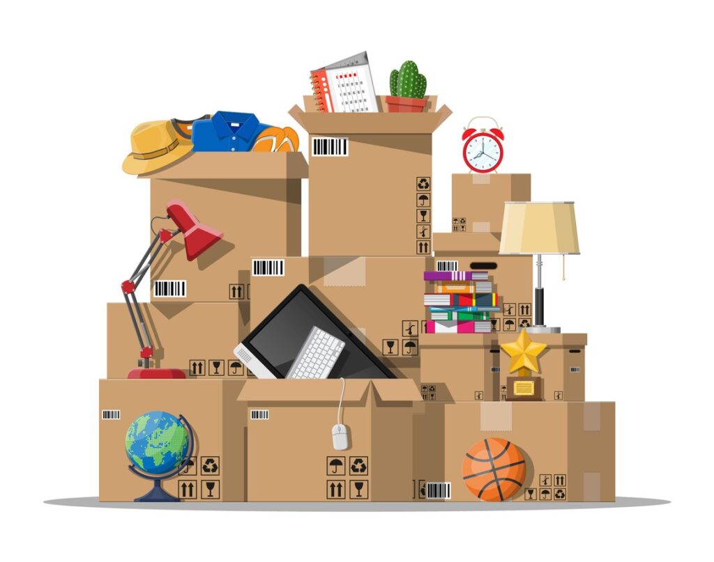 A pile of boxes with assets in them