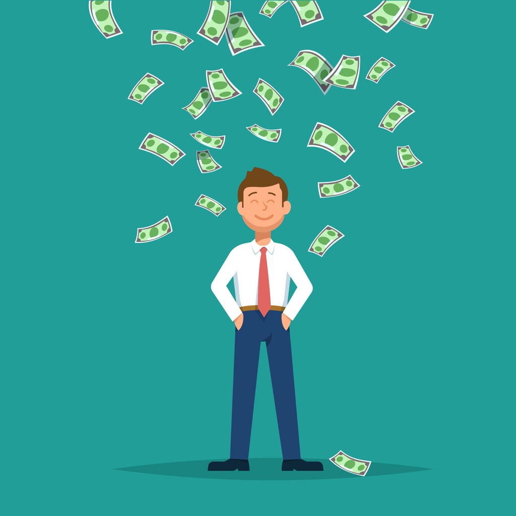 Man standing as it rains money