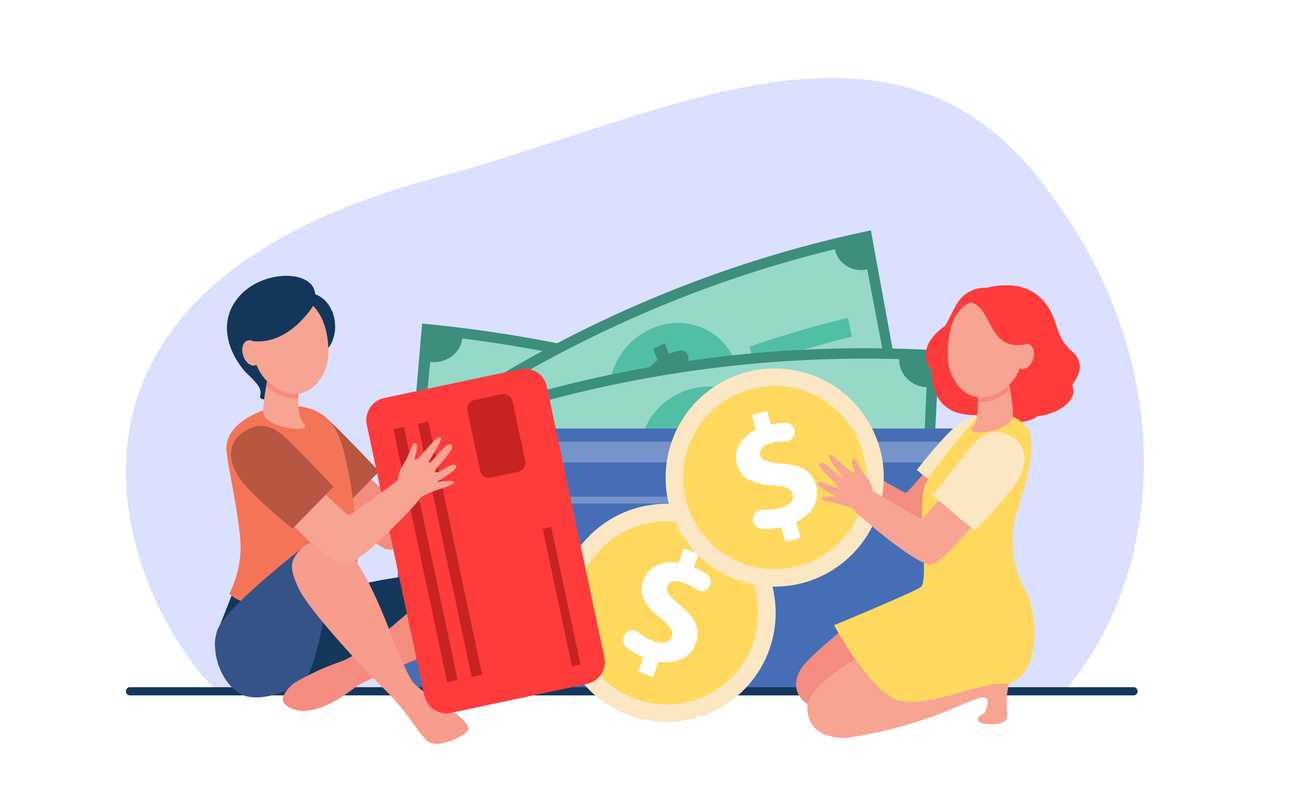 Two girls sitting together and counting money. Cash, credit card, wallet flat vector illustration. Finance, accounting, cooperation, budget concept for banner, website design or landing web page