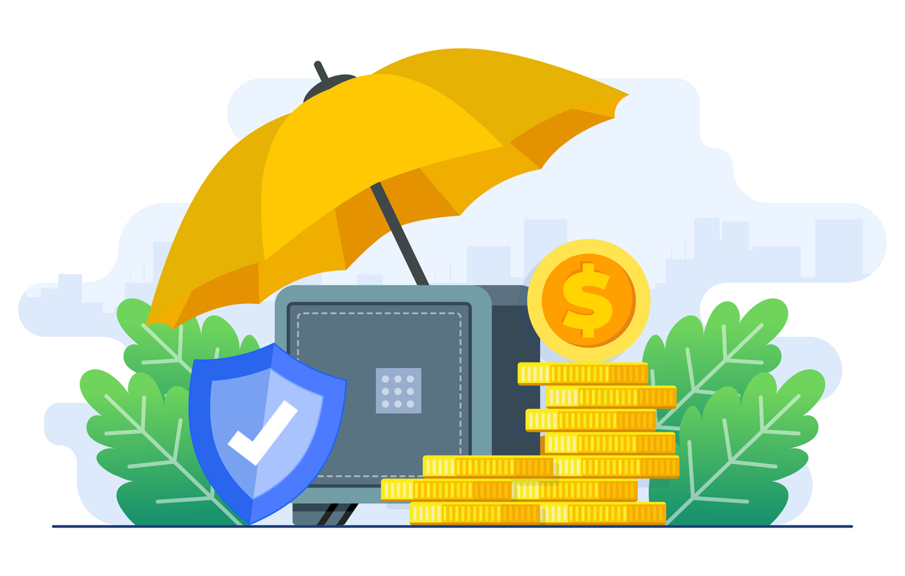 Flat-style vector illustration of Financial insurance, Money protection, Secure cash investment concept, Trust guarantees, Low-risk investments, Protection of valuable assets concept for website banner, online advertisement, marketing material, business presentation, poster, landing page, and infographic