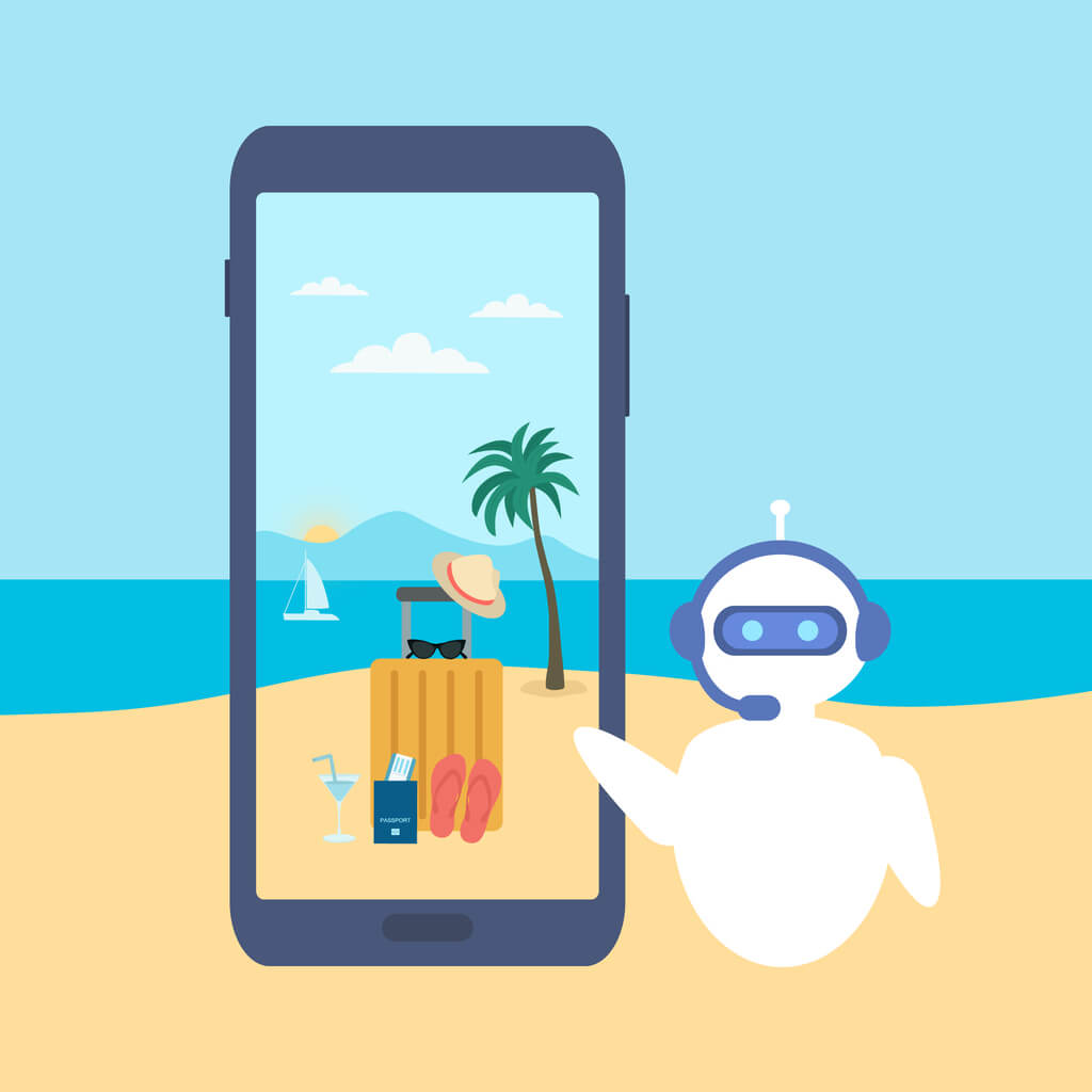 A robot in front of a smart phone showing a vacation