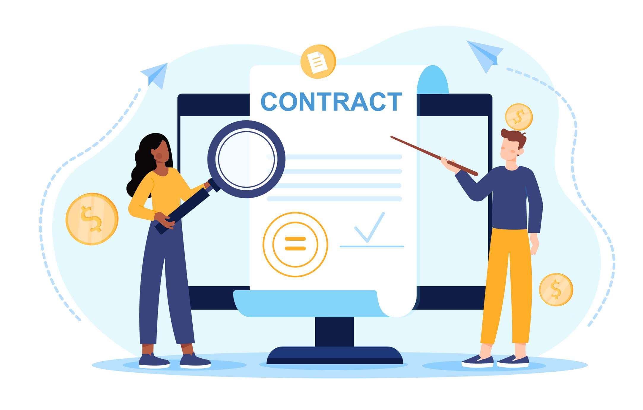 two illustrated figures looking over a contract in front of a monitor