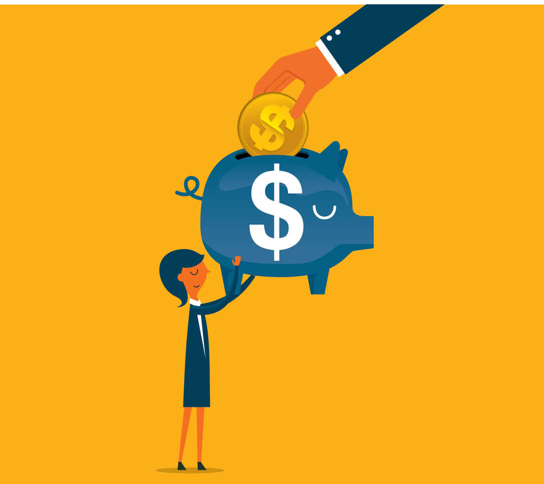 woman holding a piggy bank up for a hand to place money into it