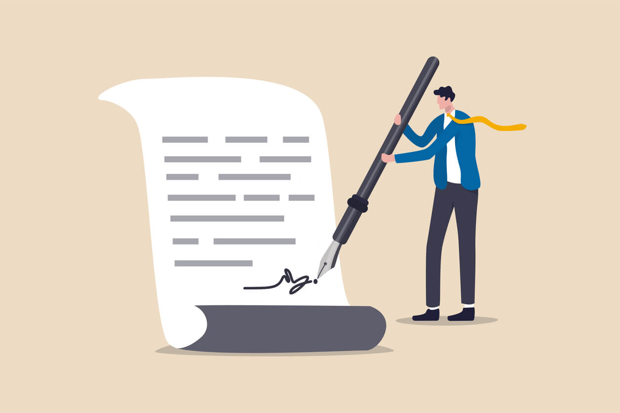 illustration of businessman using fountain pen signing his signature on paperwork
