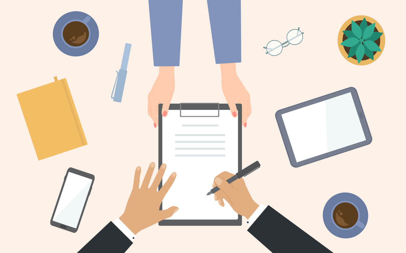 illustration of hands holding out a contract to sign birdseye of desk